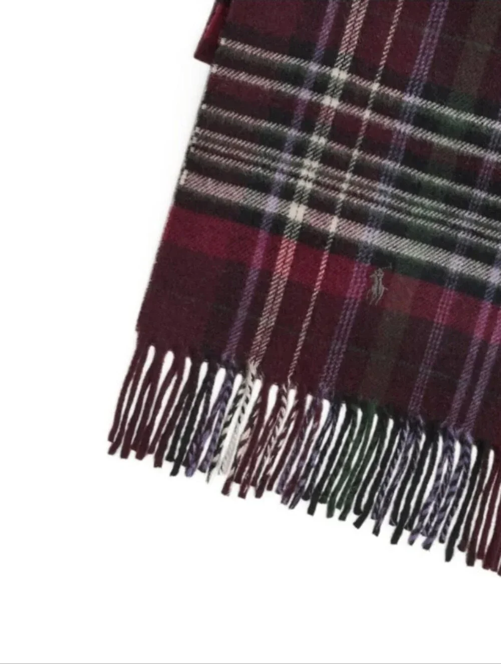 Polo by Ralph Lauren Burgundy, Green & Purple Plaid Wool Fringe Scarf